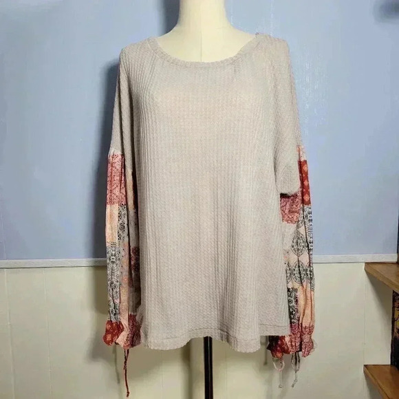 In Loom Large Pink Waffle Knit Patchwork Contrast Long Sleeve Boho Top NWT - Picture 1 of 11
